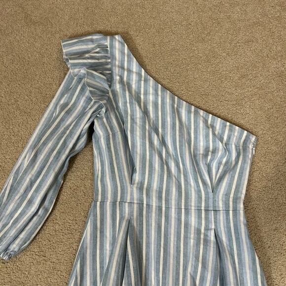 NWT Majorelle Jennie Mini Dress Blue Chambray Stripe One Shoulder Ruffled Sz XS - Picture 3 of 6